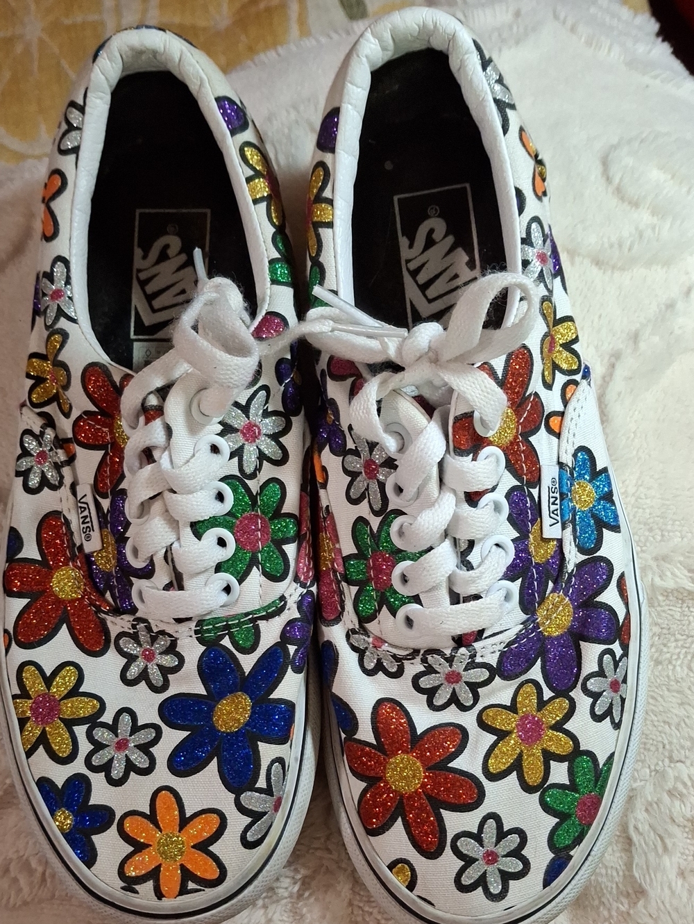 Vans White Glitter Multi-Color Floral Lace-Up Sneakers